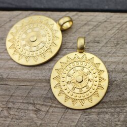 1 Sun Mandala Round Disc Pendants 33 mm, matte gold