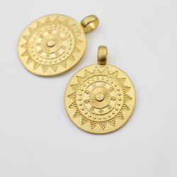 1 Sun Mandala Round Disc Pendants 33 mm, matte gold