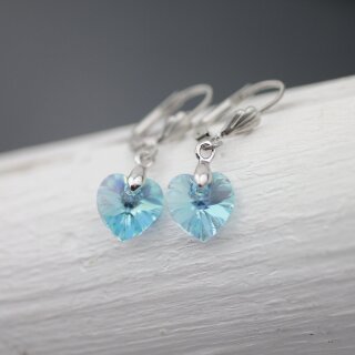 Silver Night Glam Heart Earrings with 10 mm Swarovski Crystals, handmade 43 Aquamarine