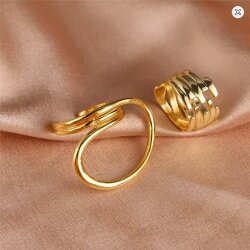 2er Set Gold Damenringe | Schlichte & künstlerische Linienführung | Extravaganter Modeschmuck