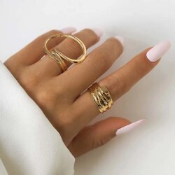 2er Set Gold Damenringe | Schlichte & künstlerische Linienführung | Extravaganter Modeschmuck