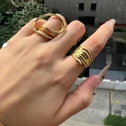 2er Set Gold Damenringe | Schlichte & künstlerische Linienführung | Extravaganter Modeschmuck