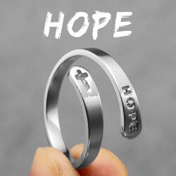 Stainless Steel Hope Ring - Waterproof Christian Cross Adjustable Band Jewelry