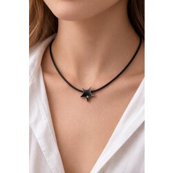 Stern Kette mit Lederband und Zirkonia Stein, Edelstahl Stern Anhänger an schwarzer Kordel, Minimalistischer Schmuck, Geschenk für Sie