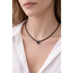 Stern Kette mit Lederband und Zirkonia Stein, Edelstahl Stern Anhänger an schwarzer Kordel, Minimalistischer Schmuck, Geschenk für Sie
