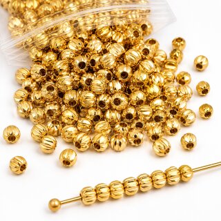 100 pcs 14k Ribbed Gold Metal Beads 3 mm – Brass Spacer Beads with Hole – Jewelry Making Supplies for DIY Crafts