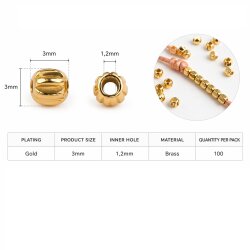 100 pcs 14k Ribbed Gold Metal Beads 3 mm – Brass Spacer Beads with Hole – Jewelry Making Supplies for DIY Crafts
