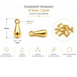 100 Pcs 8x3mm Gold Teardrop Charm Pendant, Gold Plated Brass Drop Charm, Tiny Dangle Pendant for Earrings, Necklace & Bracelet Making, Extender Charm Supplies