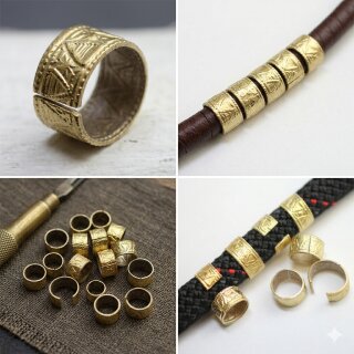 50 Pcs Gold Ethnic Slider Beads for Leather - 9x5mm Patterned Tube Beads - Viking Style Hair & Beard Beads - DIY Braided Leather Cord Jewelry Supplies