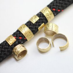 50 Pcs Gold Ethnic Slider Beads for Leather - 9x5mm Patterned Tube Beads - Viking Style Hair & Beard Beads - DIY Braided Leather Cord Jewelry Supplies