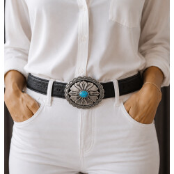 Western Türkis Gürtelschnalle, Antiksilber Floral Concho Gürtelschnalle, Ovale Cowboy Cowgirl Gürtelschnalle, passend für 35–40 mm breite Gürtel