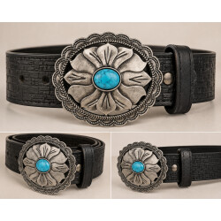 Western Türkis Gürtelschnalle, Antiksilber Floral Concho Gürtelschnalle, Ovale Cowboy Cowgirl Gürtelschnalle, passend für 35–40 mm breite Gürtel