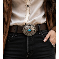 Western Türkis Gürtelschnalle, Antiksilber Floral Concho Gürtelschnalle, Ovale Cowboy Cowgirl Gürtelschnalle, passend für 35–40 mm breite Gürtel