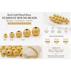 Gold Plated Stardust Brass Beads, Round Jewelry Beads 6 mm 8 mm 12 mm, Textured Beads for Jewelry Making