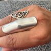 XXL Statement Ring Silver Toned Long Oval Matte Finish Modern Boho