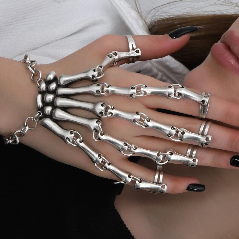 Damen Silber Metall Handkette Gothic Armband Sklave Ring Skelett Totenkopf  Biker