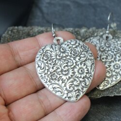 Heart Earrings with Floral Fancywork, ornaments