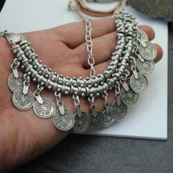 Oriental Look, Boho style Necklace with metal Coin