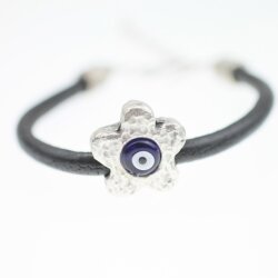 playful Leather bracelet with metal flower and evil eye...