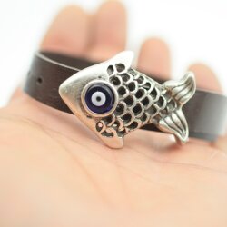 Leather bracelet Fish with evil eye talisman