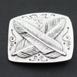 Antique Silver Belt Buckle double Feather on square