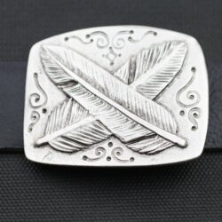 Antique Silver Belt Buckle double Feather on square