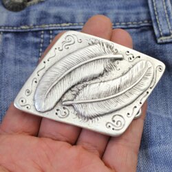 Antique Silver Feather Belt buckle double Feather on Rhomb