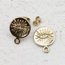 Earring Findings, Ear Posts with Loop, 15 mm, gold