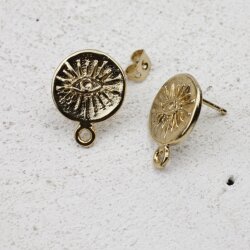 Earring Findings, Ear Posts with Loop, 15 mm, gold