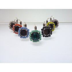 Earring setting Rhodium Imitation with coloured beaded border for 8 mm Chatons, Rivoli Swarovski Crystals