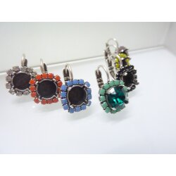 Earring setting Rhodium Imitation with coloured beaded border for 8 mm Chatons, Rivoli Swarovski Crystals