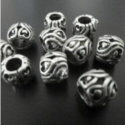 10 Heart Beads, Antique Silver
