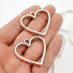 5 Antique Silver Heart Hollow Frame Glue Blank, Drop Open...