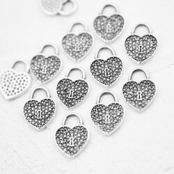 20 Padlock Heart Charms, Micro Pave look, Silver Heart Pendant