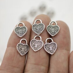 20 Padlock Heart Charms, Micro Pave look, Silver Heart Pendant