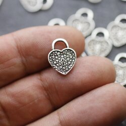 20 Padlock Heart Charms, Micro Pave look, Silver Heart Pendant