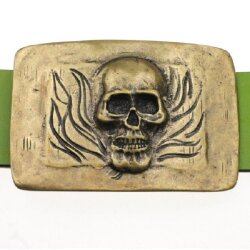 Antique Brass Belt Buckle Skull, Deaths head in flames