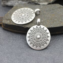 1 Sun Mandala Round Disc Pendants 33 mm, antique silver