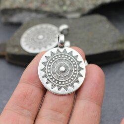 1 Sun Mandala Round Disc Pendants 33 mm, antique silver