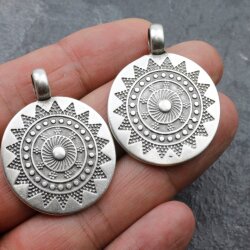 1 Sun Mandala Round Disc Pendants 33 mm, antique silver