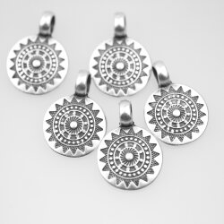 5 AntiqueSilver Sun Mandala Round Disc Pendants 22 mm