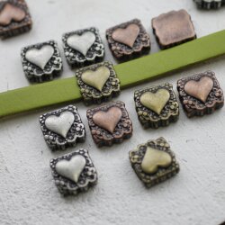 5 Antique Brass Heart Slide, Bracelet Making Supplies