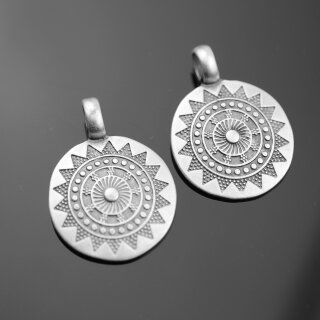 5 Sun Mandala Round Disc Pendants 29 mm (Ø 6 mm), antique silver