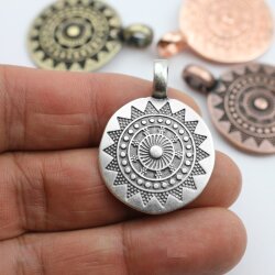 5 Sun Mandala Round Disc Pendants 29 mm (Ø 6 mm), antique silver