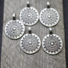 5 Sun Mandala Round Disc Pendants 29 mm (Ø 6 mm), antique silver