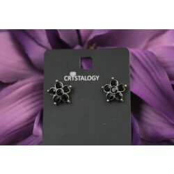 Stylish Stud Earrings Flower, Nature, Jet, Black crystals 4 mm