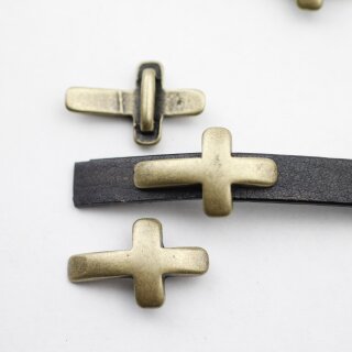 5 Schiebeperle Kreuz für 10x2 mm flaches Leder, Altmessing