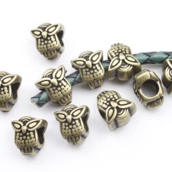 10 Owl Beads, Spacer Beads, Antique Brass