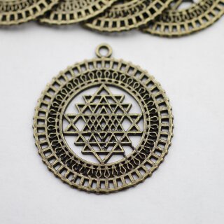 5 Sri Yantra Pendants 36 mm, Antique Brass