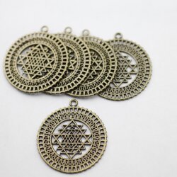 5 Sri Yantra Pendants 36 mm, Antique Brass